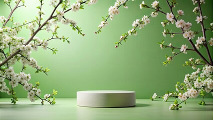 Poster - Green spring-themed mockup with a product display podium surrounded by blooming branches , spring, green, mockup, product