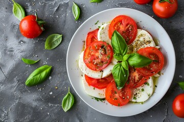 Wall Mural - Italian Caprese salad with red tomatoes fresh mozzarella Basil Healthy lunch on gray stone table