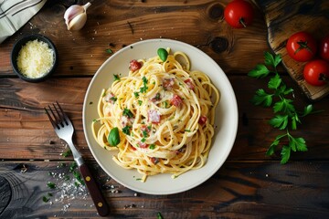 Poster - Italian dish of Spaghetti Carbonara with cream sauce top view on wooden table selective focus