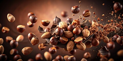 Wall Mural - Hazelnuts and chocolate pieces flying in the air after an explosion isolated on background , hazelnuts, chocolate, pieces