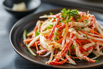 Sticker - Japanese crab salad with crab sticks vegetables spicy mayo on table