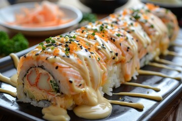 Sticker - Japanese food called Salmon rolls with mayo sauce ebiko crab stick tamago and cucumber