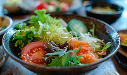 Poster - Japanese noodle salad as a type of garden salad with leafy greens beans tuna and Greek salad