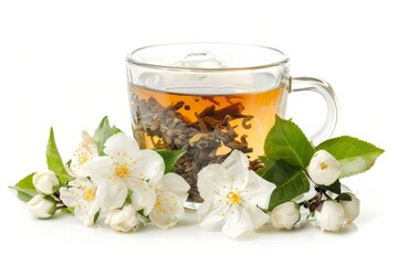 Sticker - Jasmine tea and jasmine flower homemade and isolated on white