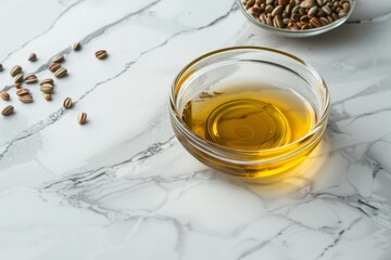 Poster - Jojoba oil and seeds in glass bowl on marble table