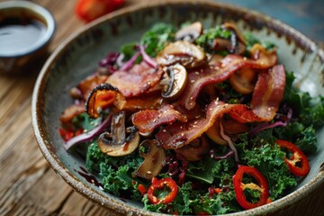 Wall Mural - Kale salad with homemade dressing mushrooms bacon chili and balsamic vinegar