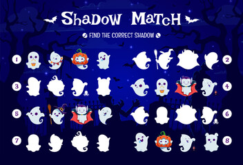 Poster - Halloween kids game, find the correct shadow of cute kawaii ghosts characters on cemetery vector quiz worksheet. Halloween horror holiday matching puzzle with funny ghosts, pumpkins, zombies and bats