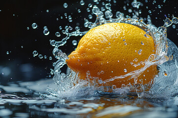 A lemon is falling into the water creating an explosion of bubbles and splash on a black background