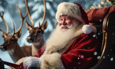 smiling santa claus in his sleigh with reindeer, during christmas season,  christmas market, christmas event, winter season for children, tradition, photo of, Generative AI