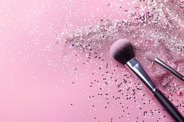 Wall Mural - Makeup brush with sparkles on pink background Festive magic concept Template for design top view with copy space