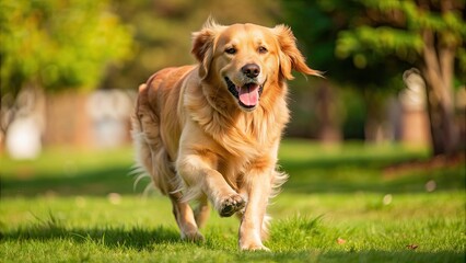 Sticker - Golden retriever running joyfully on green grass, dog, animal, pet, golden retriever, running, playing, outdoors, grass