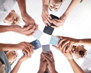 Poster - Office, circle and hands of business people with phone for communication, collaboration or networking. Professional, staff and below of worker on smartphone to share schedule, website and connection