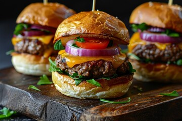 Poster - Mini cheeseburgers with beef cheddar lettuce onions and tomato sauce