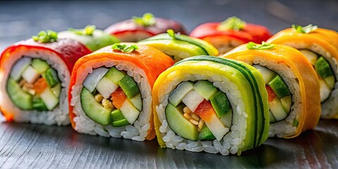 Poster - Rainbow colored vegan sushi roll with cucumber, carrot, avocado, and bell peppers, vegan, sushi, roll, colorful