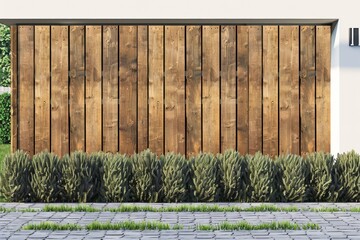 Wall Mural - Minimalist rural real estate with wooden plank fence green lawn and isolated mockup design