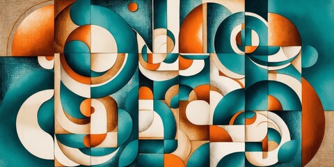 Canvas Print - Abstract artwork featuring teal, orange, and white geometric shapes