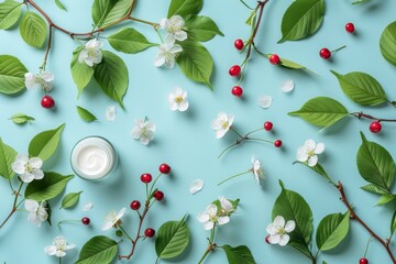 Poster - Modern spring skin care layout with cosmetic products and cherry blossom on blue background