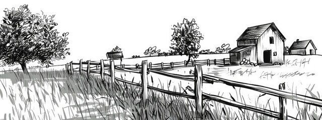 Wall Mural - A rural landscape with rustic houses enclosed by a low wooden fence. Sketch illustration.