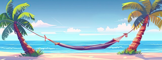 Wall Mural - There are two palm trees on the ocean coast with a hammock . Cartoon illustration.