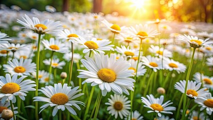 Sticker - Field of blooming daisies in a lush garden, daisies, flowers, garden, nature, blooming, petals, white, green, field, beauty