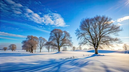 Canvas Print - Snow-covered landscape with bare trees under a blue sky , winter, cold, snow, frost, frozen, seasonal, weather, nature, icy