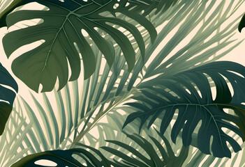 Close-up of lush green tropical leaves with sunlight filtering through, creating a serene and natural atmosphere. A vibrant tropical foliage background featuring various green leaves and plants.