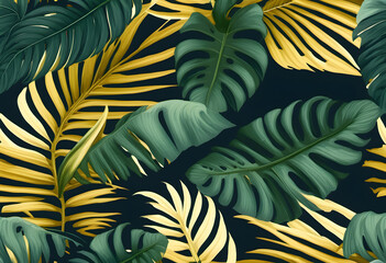 Close-up of lush green tropical leaves with sunlight filtering through, creating a serene and natural atmosphere. A vibrant tropical foliage background featuring various green leaves and plants.