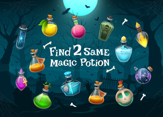 Aufkleber - Kids game, find two same Halloween potion bottles vector worksheet on cemetery background. Halloween holiday matching quiz puzzle with cartoon witch magic potion and elixir bottles, zombies and bats