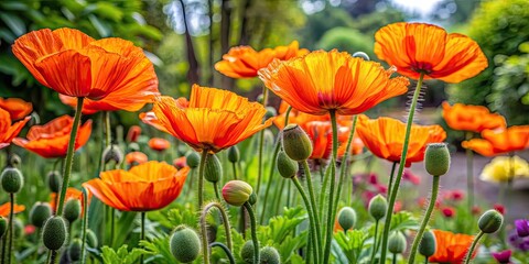 Canvas Print - Vibrant orange poppy blossoms surrounded by greenery in a garden, orange, poppy, blossoms, flowers, garden, vibrant, colorful