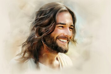 Closeup portrait of a young, handsome Jesus Christ smiling with long curly hair and beard in the sunlight. 