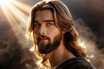 Closeup portrait of a young, handsome Jesus Christ smiling with long curly hair and beard in the sunlight. 