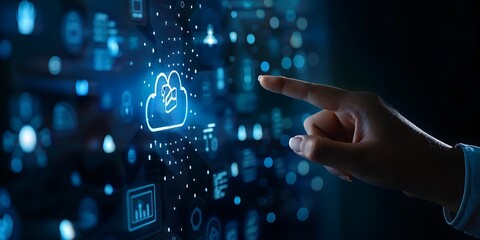 Wall Mural - A hand touching the cloud icon on an holographic screen, symbolizing Cloud computing technology and online services in digital marketing.