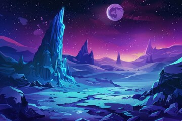 Mystical landscape with glowing rocks and starry sky