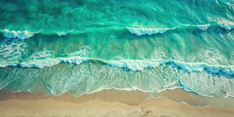 Sticker - Top view of ocean waves crashing on a sandy beach, creating a relaxing natural background , beach, ocean, waves, sand, shore, coastline