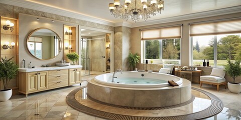 Sticker - Luxurious bathroom featuring a whirlpool tub surrounded by mirrors , spa, relaxation, modern, interior design, bathtub