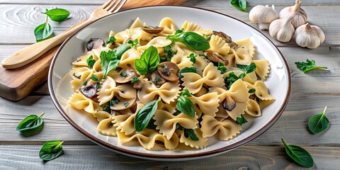 Sticker - Farfalle pasta with mushrooms and spinach, a delicious and healthy vegetarian dish , Farfalle, pasta, mushrooms, spinach