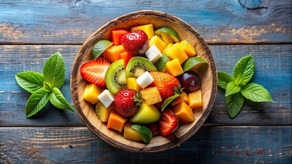 Poster - Overhead view of a vibrant tropical fruit salad in a coconut bowl , Tropical, fruit, salad, coconut, bowl, vibrant, colorful