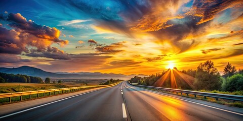 Wall Mural - Sunset road trip on the highway , highway, driving, car, travel, sunset, adventure, journey, scenic, orange sky, road trip