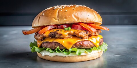 Canvas Print - Delicious gourmet bacon cheeseburger with juicy beef patty, crispy bacon, melted cheese, and fresh vegetables on a brioche bun, burger