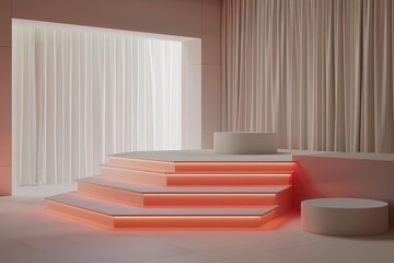 Sticker - Modern Interior with Glowing Red Pastel Light and Geometric Shapes in a Minimalist Setting