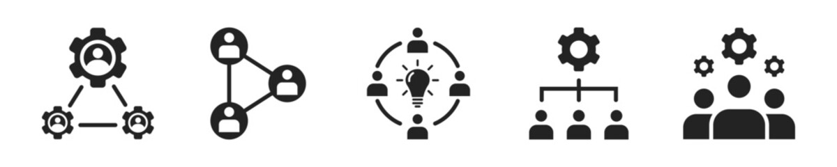 Wall Mural - Teamwork icon set. Set of 5 outline icons related to employment, teamwork, meeting, organization. Linear icon collection. Teamwork outline icons collection. Editable stroke. Vector illustration.