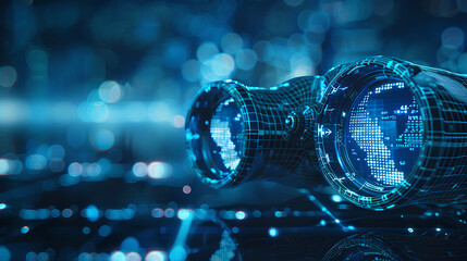 Poster - digital blue binocular with data streams, ai in visual recognition systems, augmented reality applic