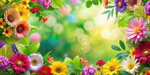 Canvas Print - Colorful and vibrant floral background with blooming flowers and green leaves, floral, background, vibrant, colorful