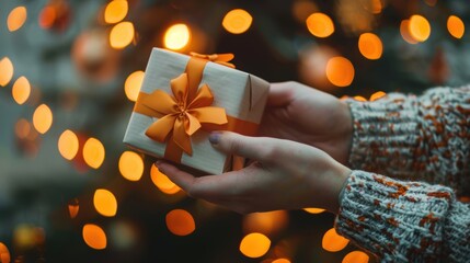 Wall Mural - Hands holding a gift box wrapped with an orange ribbon, with festive lights creating a warm, celebratory atmosphere.