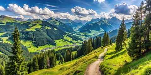 Sticker - A scenic view of the highest tree crown trail in Europe on a summer day in Saalbach-Hinterglemm valley, Austria