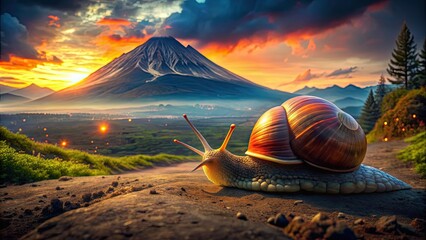 Canvas Print - Fantastical landscape at twilight with a glowing snail and volcanoes, fantasy, landscape, twilight, glowing, snail