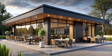 Poster - Exterior render of a modern one story restaurant with outdoor seating, exterior, render, one story