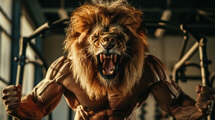 A strong male lion roars in the gym. bodybuilding concept