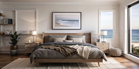 Poster - Simple cozy coastal bedroom interior with empty frame on wall, bedroom, mockup, coastal, cozy, interior, background, empty, frame, wall