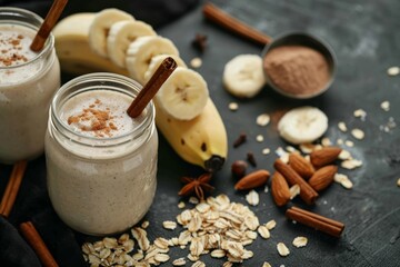 Poster - Nutritious morning meal Banana almond smoothie with cinnamon oats and coconut milk in jars